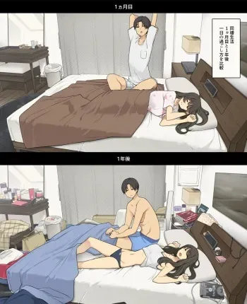 [Wakamatsu] Dosei seikatsu 1-kagetsu-me to 1-nen-go, asa okite kara shushin made no hikaku manga cover