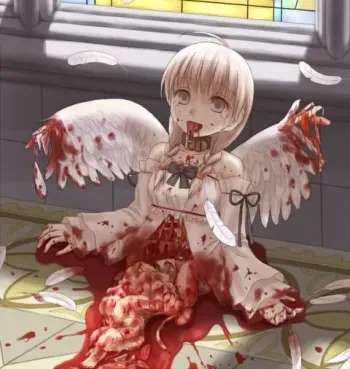 white hair girl cutted into two piece from waist guro manga cover