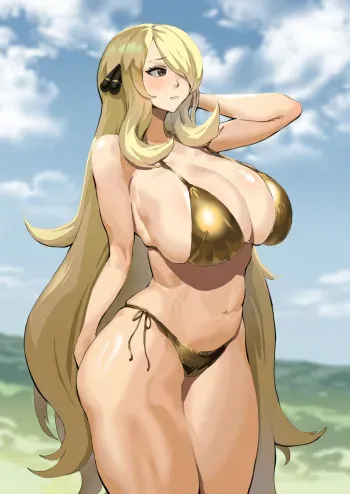 Cynthia is embarrassed to wear a gold bikini manga cover