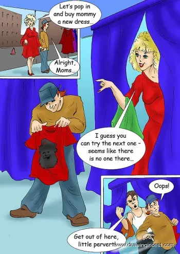 Kinky boy enjoys his moms boobs and wet hole in the fitting-room during shopping manga cover