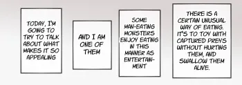 A giant fox girl swallows humans whole while reviewing food in a vore manga manga cover
