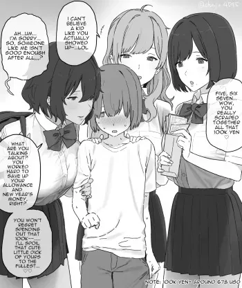 Isshoukenmei tameta okozukai juuman de enjo kousai o boshuu shitara gokuaku oneesan sannin ni me o tsukerarete shimai, tekitou ni shasei saserareta ageku sekkusu mo shite nai noni juuman zengaku fundakureru kawaisou na otoko no ko manga cover