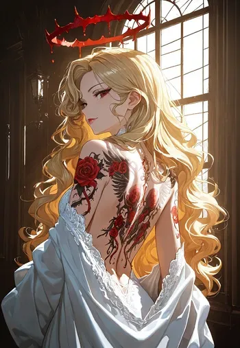 BLONDE'S BACKLESS OUTFIT: BLOOD HALO TATTOO [AI Generated] manga cover