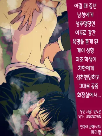 [Unknown (UNKNOWN)] Osanai Koro ni Chuunen Otoko ni Itazura Sareta Koto ni Yori Rape Ganbou o Kojirasete Iru Gay Keikou M Gakusei ga, Chikan Sarete Sonomama Koushuu Toire de... | 어릴 때 중년 남성에게 성추행당한 이후로 강간 욕망을 품게 된 게이 성향 마조 학생이 치한에게 성추행당하고 그대로 공중 화장실에서... manga cover